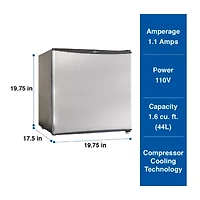 Stainless Steel Compact Fridge with Freezer- 1.6 cu ft (44L)- Silver and Black Reversible Door