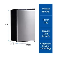 Koolatron Stainless Steel Compact Fridge with Freezer- 4.4 cu ft (124L)