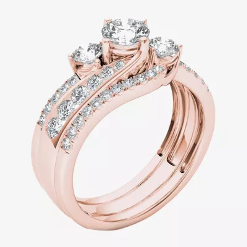 Love Lives Forever Womens 1 1/4 CT. T.W. Natural White Diamond 14K Gold Round 3-Stone Bypass  Bridal Set