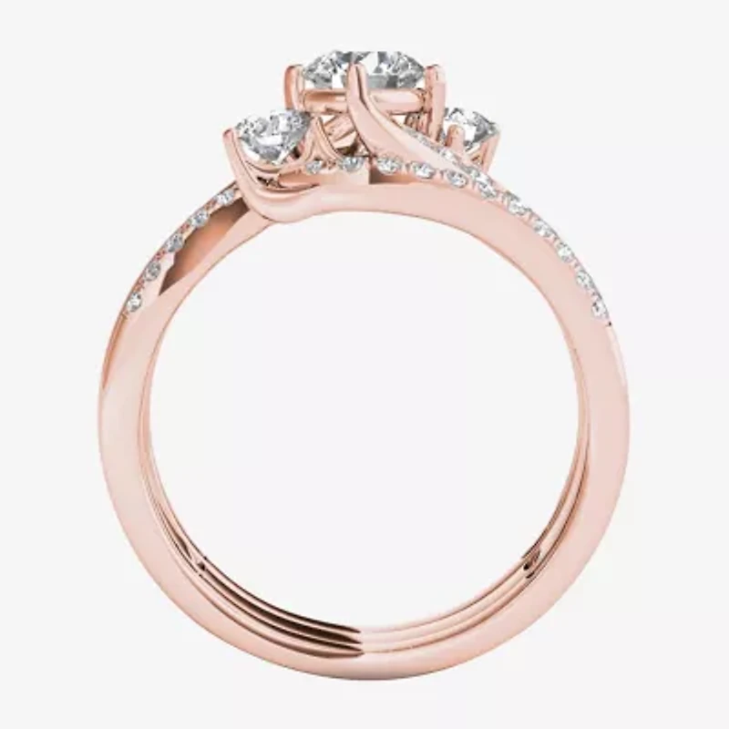 Love Lives Forever Womens 1 1/4 CT. T.W. Natural White Diamond 14K Gold Round 3-Stone Bypass  Bridal Set