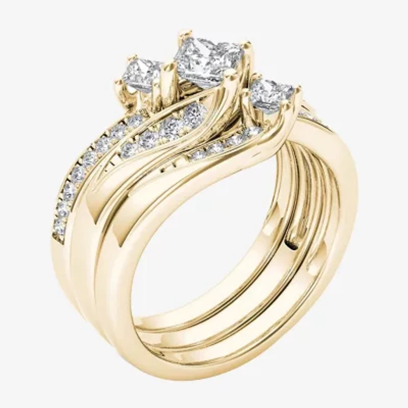 Love Lives Forever Womens 1 CT. T.W. Natural White Diamond 14K Gold 3-Stone Bypass  Bridal Set