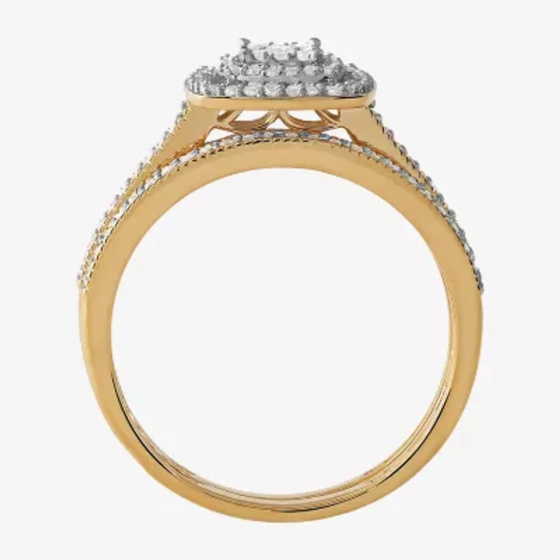 Womens 1/ CT. T.W. Natural White Diamond 10K Gold Cushion Halo Bridal Set