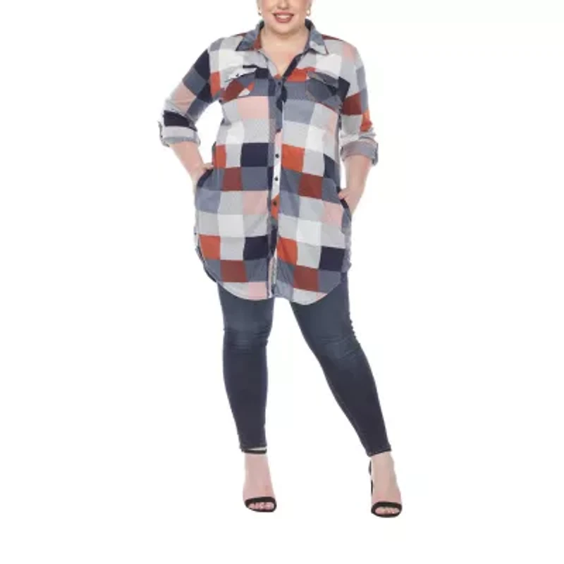 White Mark Womens Long Sleeve Roll Tab Regular Fit Stretch Fabric Plus Button-Down Shirt