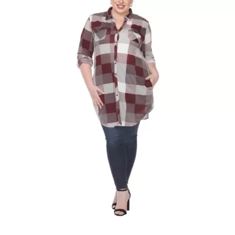 White Mark Womens Plus Roll Tab Long Sleeve Regular Fit Stretch Fabric Button-Down Shirt