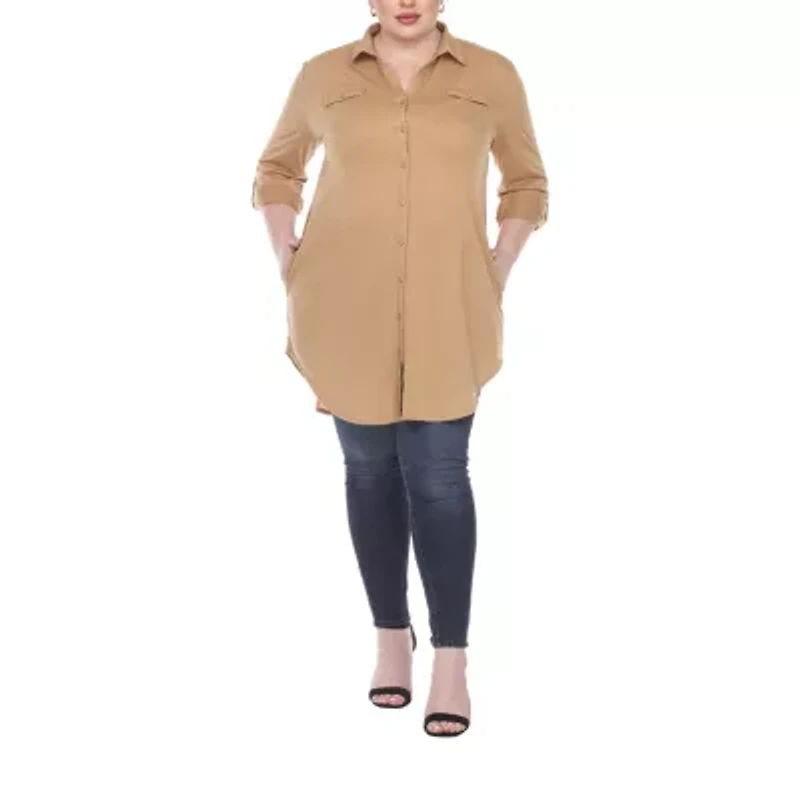 White Mark Womens Plus Roll Tab Long Sleeve Regular Fit Stretch Fabric Button-Down Shirt