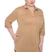 White Mark Womens Plus Roll Tab Long Sleeve Regular Fit Stretch Fabric Button-Down Shirt