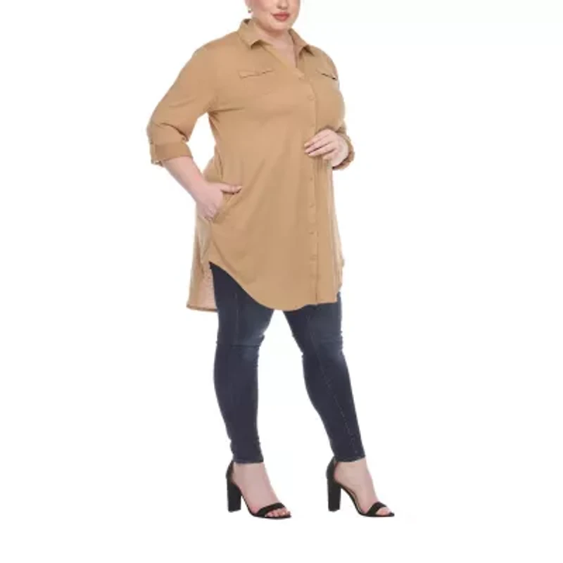 White Mark Womens Plus Roll Tab Long Sleeve Regular Fit Stretch Fabric Button-Down Shirt