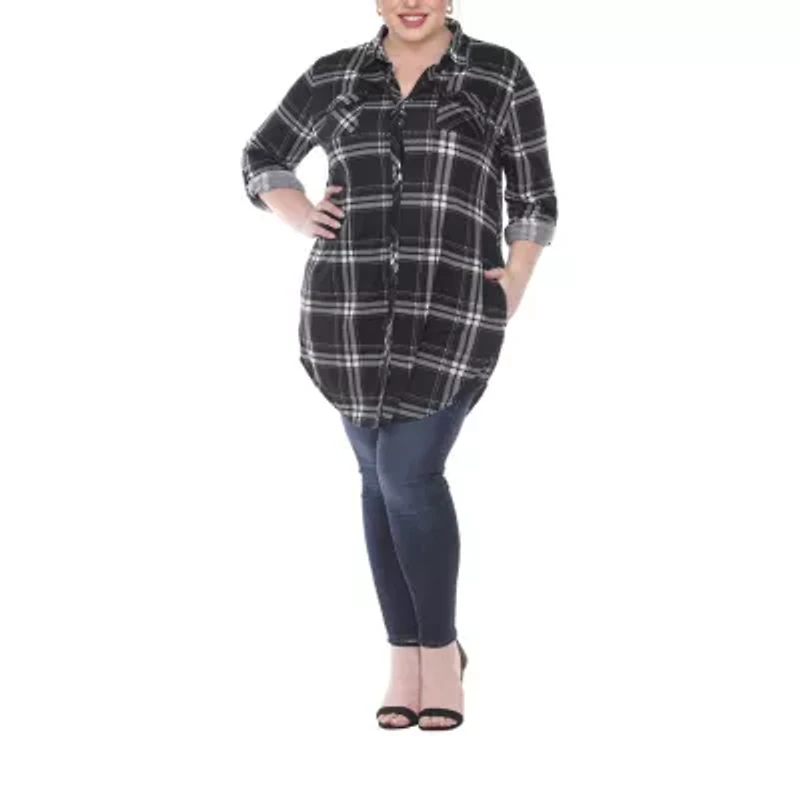 White Mark Womens Plus Long Sleeve Roll Tab Loose Fit Stretch Fabric Button-Down Shirt