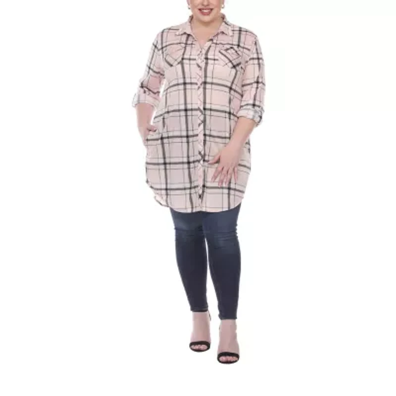 White Mark Womens Plus Roll Tab Long Sleeve Loose Fit Stretch Fabric Button-Down Shirt