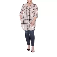 White Mark Womens Plus Roll Tab Long Sleeve Loose Fit Stretch Fabric Button-Down Shirt