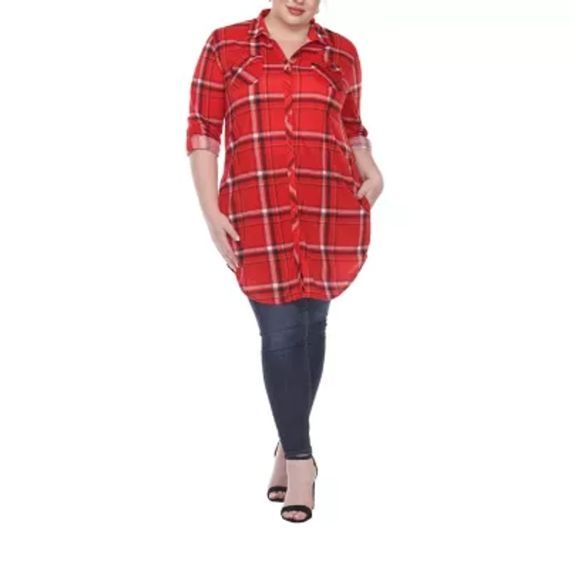 White Mark Womens Plus Roll Tab Long Sleeve Loose Fit Stretch Fabric Button-Down Shirt