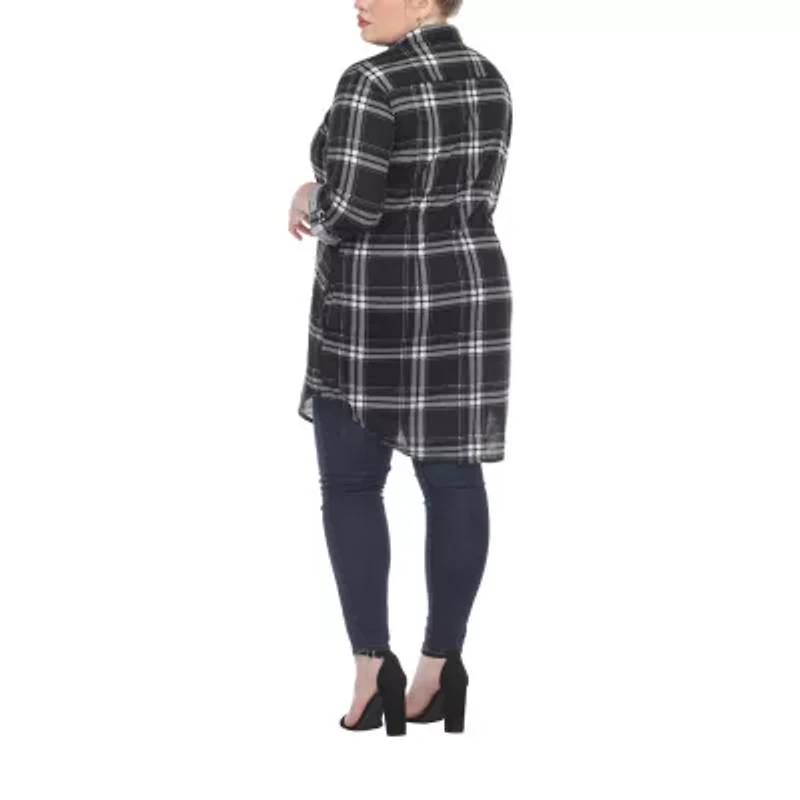White Mark Womens Plus Long Sleeve Roll Tab Loose Fit Stretch Fabric Button-Down Shirt