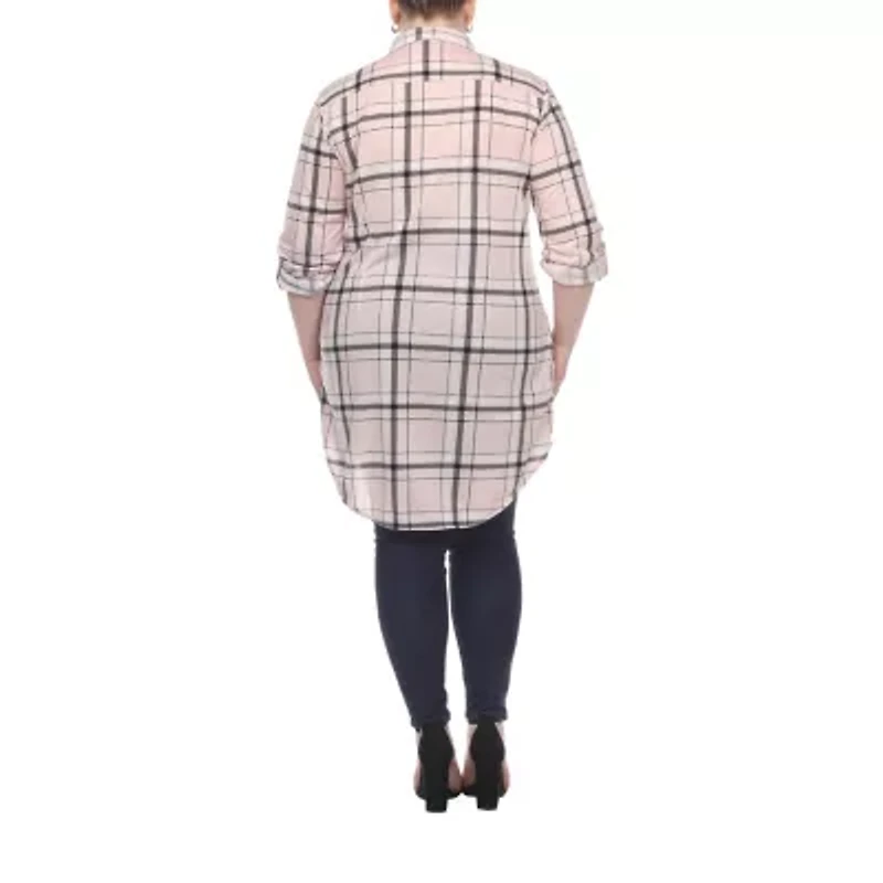 White Mark Womens Plus Roll Tab Long Sleeve Loose Fit Stretch Fabric Button-Down Shirt