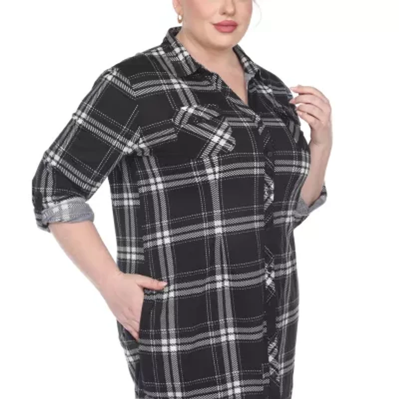 White Mark Womens Plus Long Sleeve Roll Tab Loose Fit Stretch Fabric Button-Down Shirt