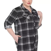 White Mark Womens Plus Long Sleeve Roll Tab Loose Fit Stretch Fabric Button-Down Shirt