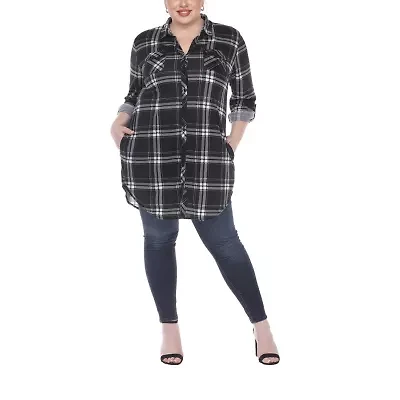 White Mark Womens Long Sleeve Roll Tab Loose Fit Stretch Fabric Plus Button-Down Shirt