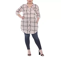 White Mark Womens Plus Roll Tab Long Sleeve Loose Fit Stretch Fabric Button-Down Shirt