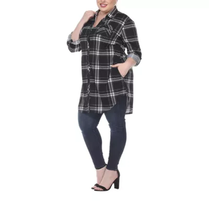 White Mark Womens Plus Long Sleeve Roll Tab Loose Fit Stretch Fabric Button-Down Shirt