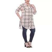 White Mark Womens Plus Roll Tab Long Sleeve Loose Fit Stretch Fabric Button-Down Shirt