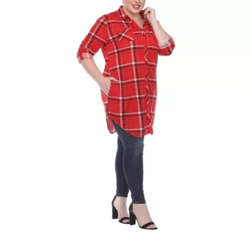 White Mark Womens Plus Roll Tab Long Sleeve Loose Fit Stretch Fabric Button-Down Shirt