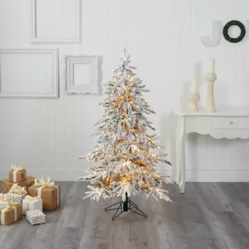 Nearly Natural Flocked Faux 5 Foot Pre-Lit Fir Christmas Tree