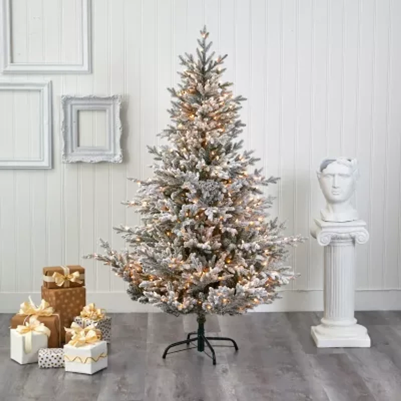 Nearly Natural Flocked Fraser Faux Foot Pre-Lit Fir Christmas Tree