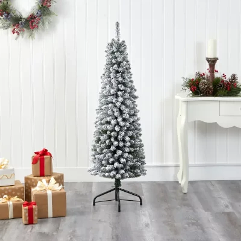 Nearly Natural Flocked Pencil Foot Christmas Tree