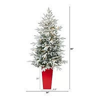 Nearly Natural Flocked In Planter 5 Foot Pre-Lit Spruce Christmas Tree