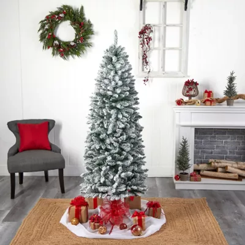 Nearly Natural Slim Flocked Faux 6 Foot Pre-Lit Fir Christmas Tree