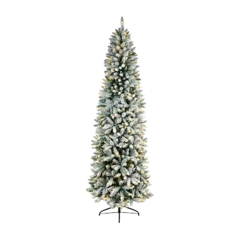 Nearly Natural Slim Flocked Faux 8 Foot Pre-Lit Fir Christmas Tree
