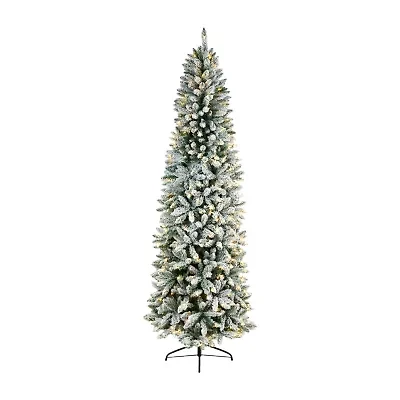 Nearly Natural Slim Flocked Faux 8 Foot Pre-Lit Fir Christmas Tree