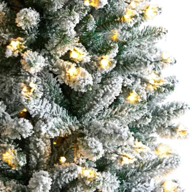 Nearly Natural Slim Flocked Faux 8 Foot Pre-Lit Fir Christmas Tree