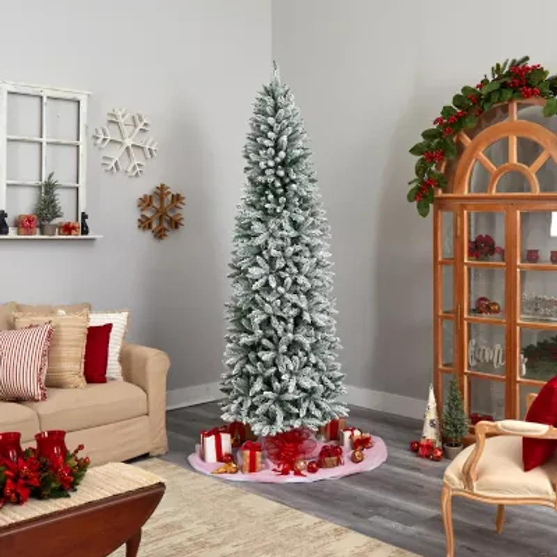Nearly Natural Slim Flocked Faux 8 Foot Pre-Lit Fir Christmas Tree