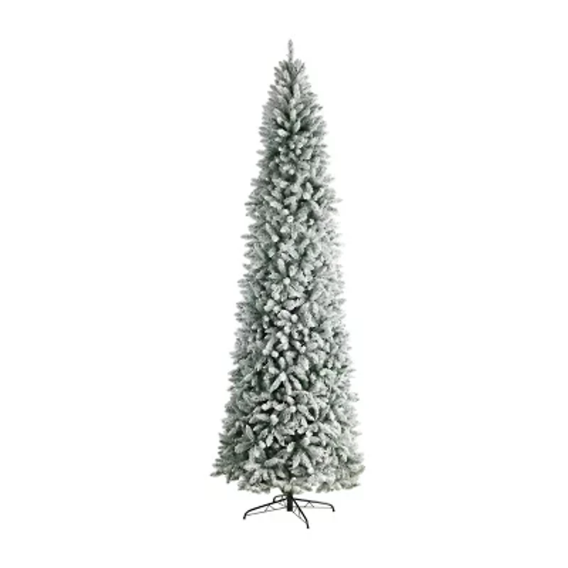 Nearly Natural Slim Flocked Faux 10 Foot Pre-Lit Fir Christmas Tree