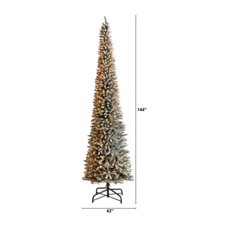 Nearly Natural Flocked Pencil Faux 12 Foot Pre-Lit Christmas Tree