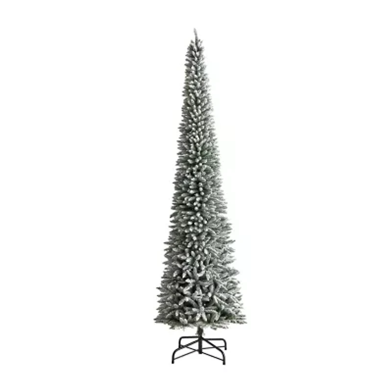 Nearly Natural Flocked Pencil Faux 12 Foot Pre-Lit Christmas Tree