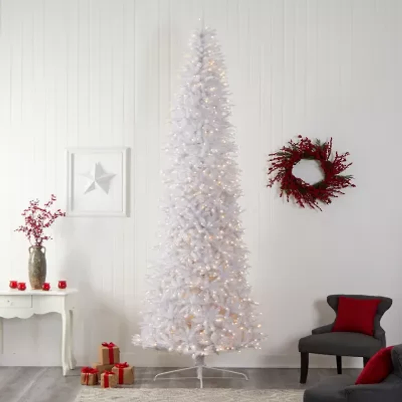 Nearly Natural Slim White Faux 12 Foot Pre-Lit Christmas Tree