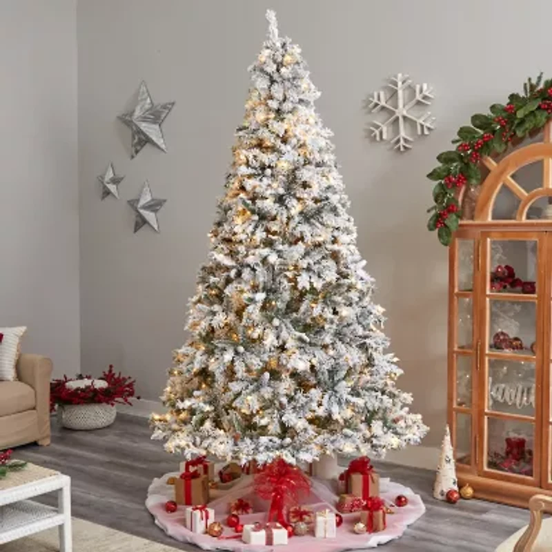 Nearly Natural Flocked Mountain Faux 9 Foot Pre-Lit Pine Christmas Tree