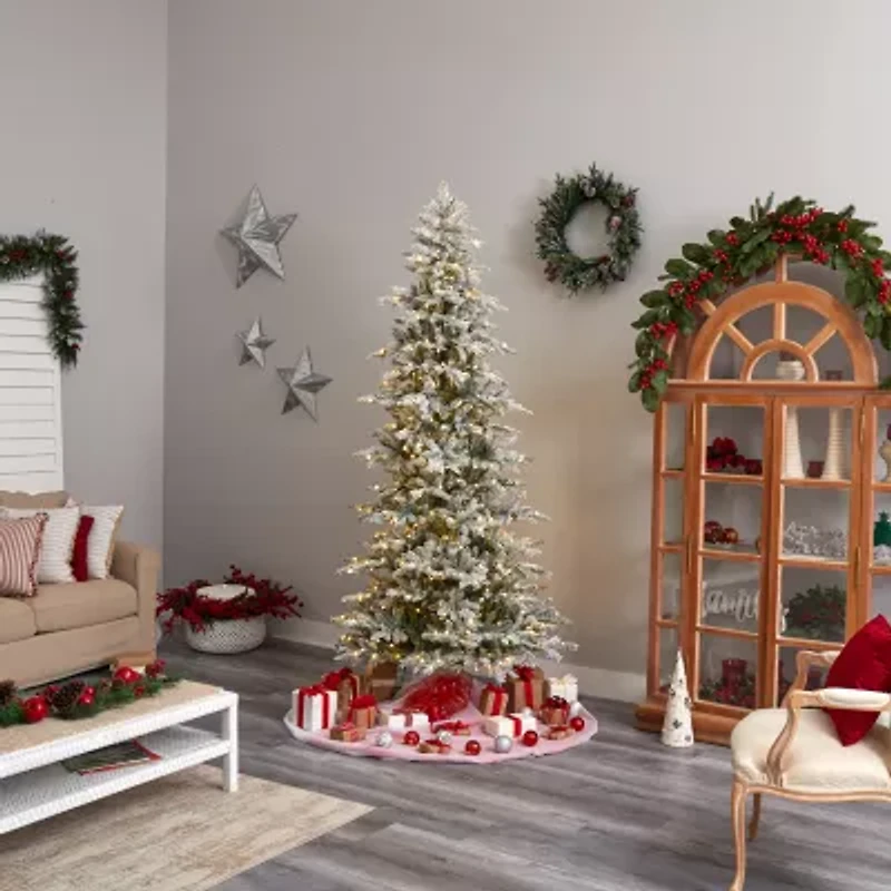 Nearly Natural Slim Flocked Faux 8 1/2 Foot Pre-Lit Spruce Christmas Tree