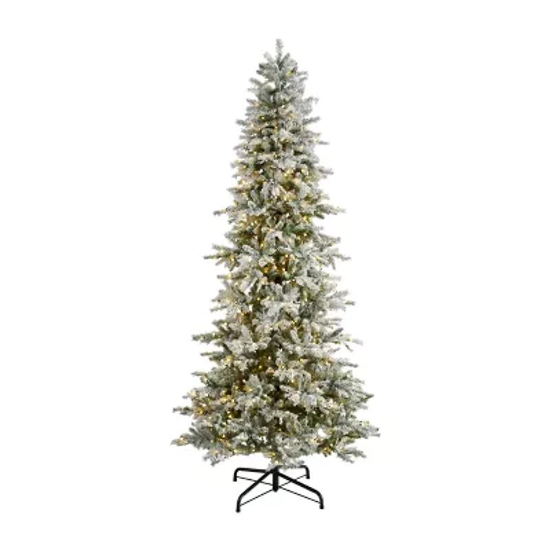 Nearly Natural Slim Flocked Faux 9 1/2 Foot Pre-Lit Spruce Christmas Tree