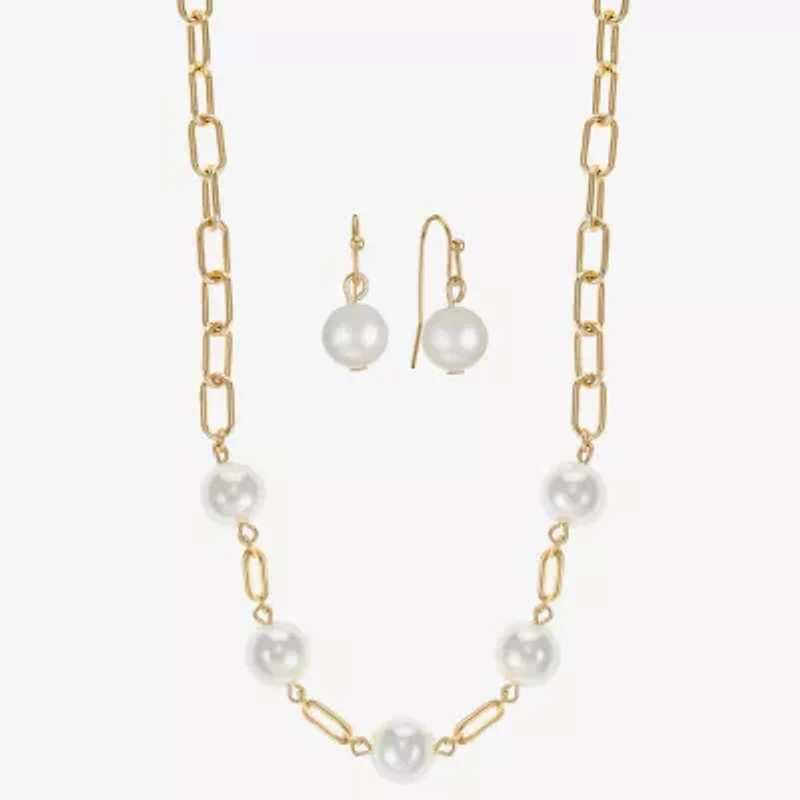 Liz Claiborne Gold Tone Collar Necklace And Drop Earring Womens White Simulated Pearl Round 2-pc. Jewelry Set
