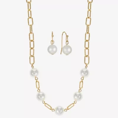 Liz Claiborne Gold Tone Collar Necklace And Drop Earring Womens White Simulated Pearl Round 2-pc. Jewelry Set