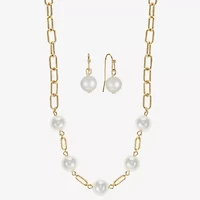 Liz Claiborne Gold Tone Collar Necklace And Drop Earring Womens White Simulated Pearl Round 2-pc. Jewelry Set