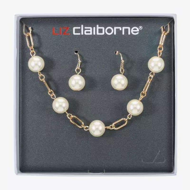 Liz Claiborne Gold Tone Collar Necklace And Drop Earring Womens White Simulated Pearl Round 2-pc. Jewelry Set