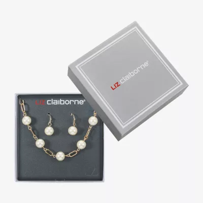 Liz Claiborne Gold Tone Collar Necklace And Drop Earring Womens White Simulated Pearl Round 2-pc. Jewelry Set