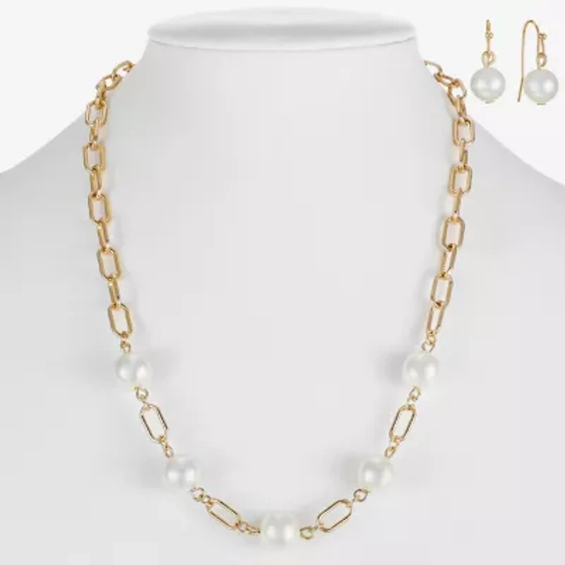 Liz Claiborne Gold Tone Collar Necklace And Drop Earring Womens White Simulated Pearl Round 2-pc. Jewelry Set