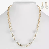Liz Claiborne Gold Tone Collar Necklace And Drop Earring Womens White Simulated Pearl Round 2-pc. Jewelry Set