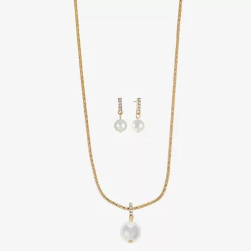 Liz Claiborne Gold Tone Pendant Necklace And Drop Earring Womens White Simulated Pearl Round Hypoallergenic 2-pc. Jewelry Set
