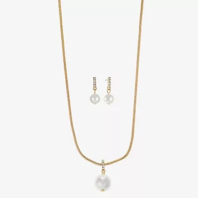 Liz Claiborne Gold Tone Pendant Necklace And Drop Earring Womens White Simulated Pearl Round Hypoallergenic 2-pc. Jewelry Set
