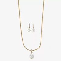 Liz Claiborne Gold Tone Pendant Necklace And Drop Earring Womens White Simulated Pearl Round Hypoallergenic 2-pc. Jewelry Set